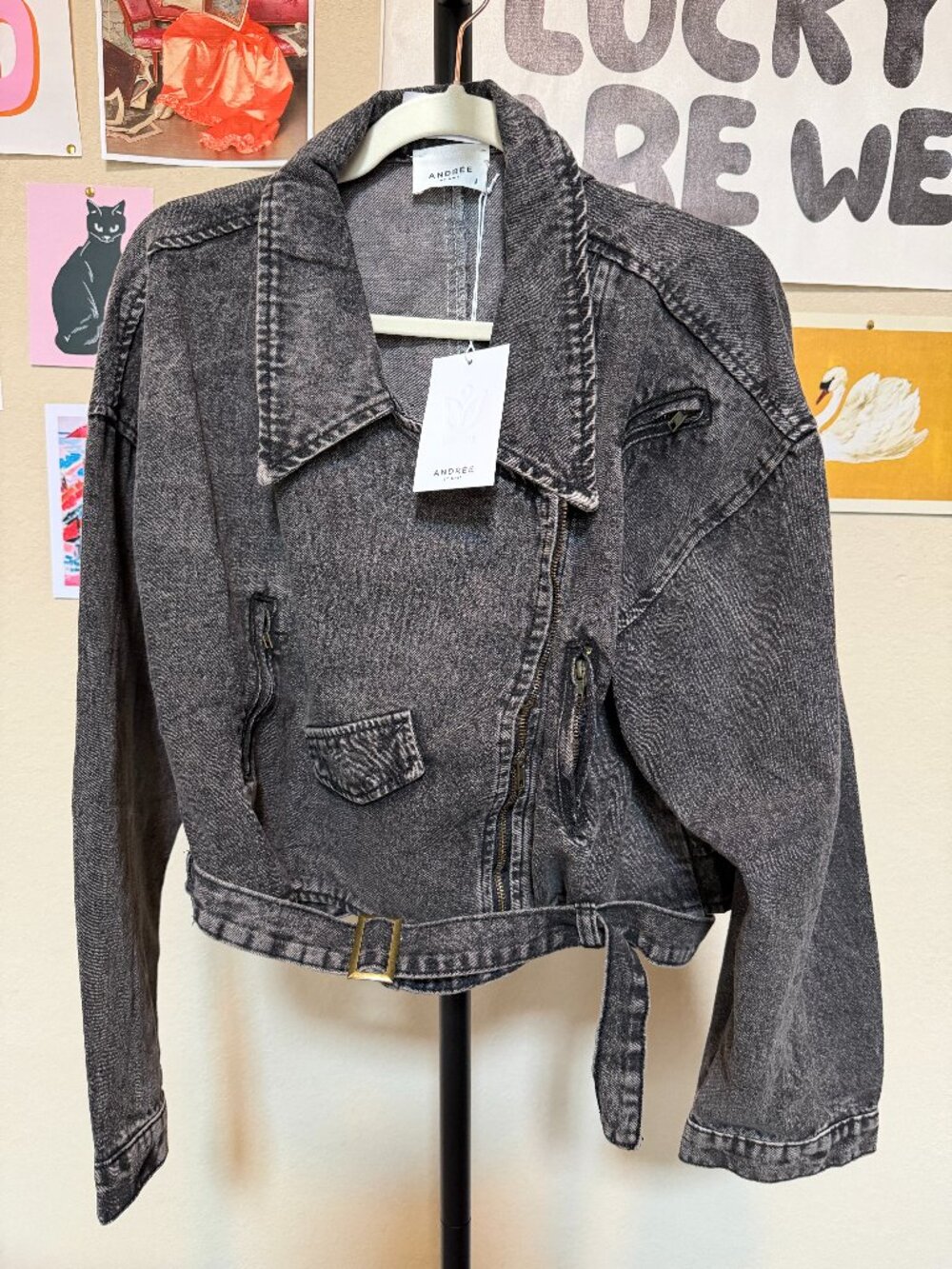 NWT Andree by Unit Acid Wash Grey Denim Moto Jacket Small